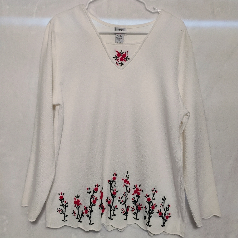 Vtg Teddi White Long Sleeve Embroidered Flower Sweater Petite Large Grandma Core